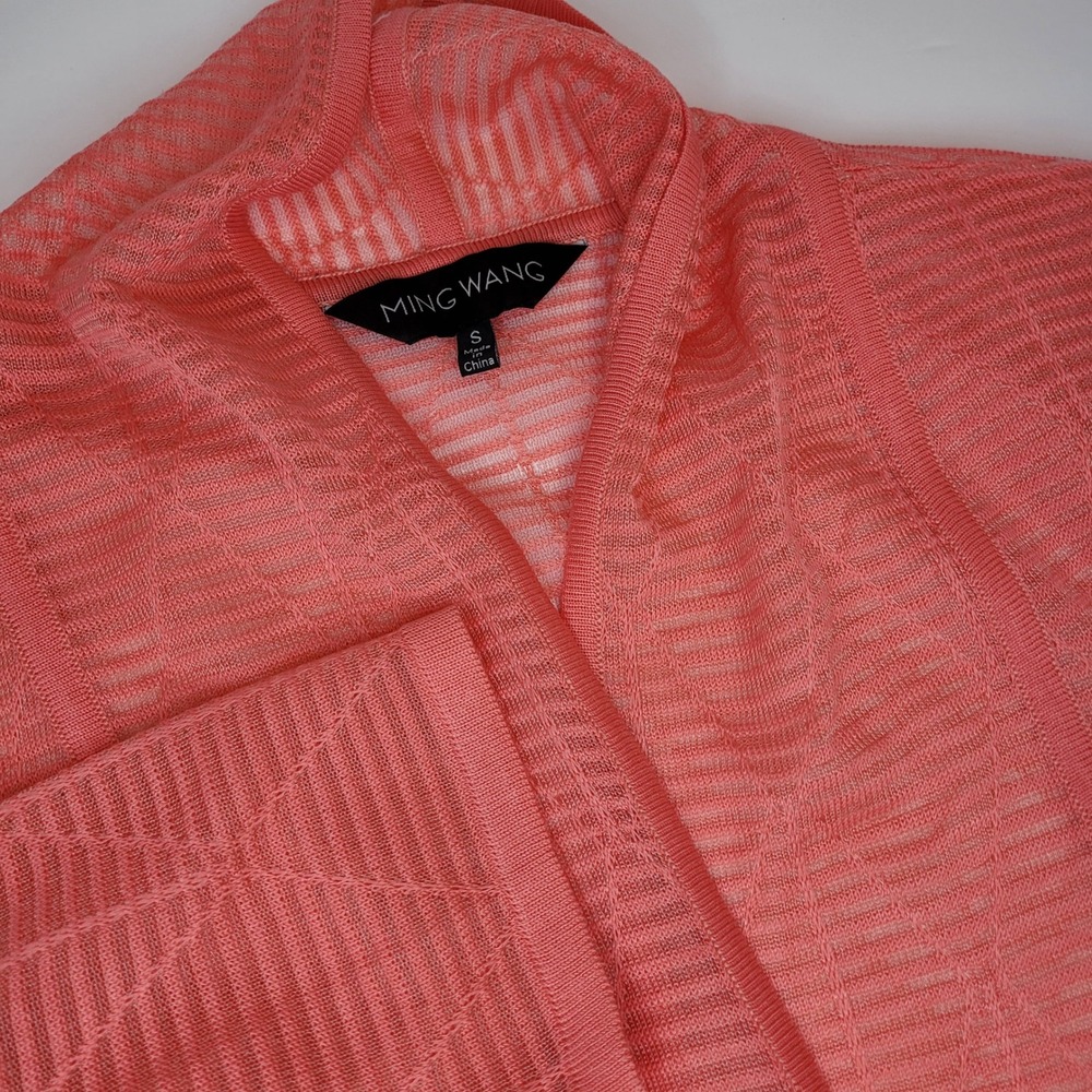 Ming Wang Cardigan Womens S Coral Pink Excellent Sheer Geometric Open Front 3/4